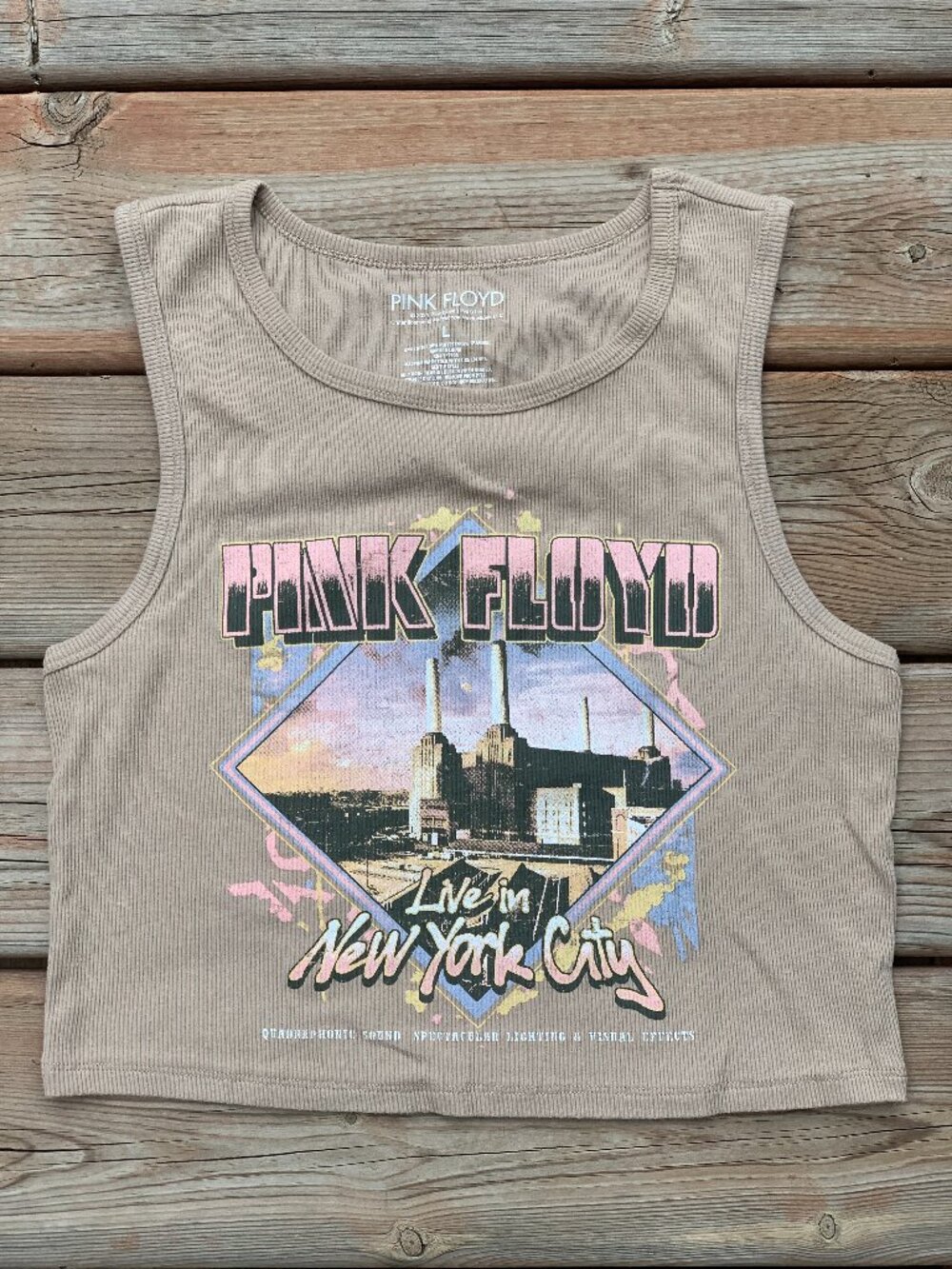 Pink Floyd Cropped Tank Top Women's L Tan Ribbed Live in New York City Graphic